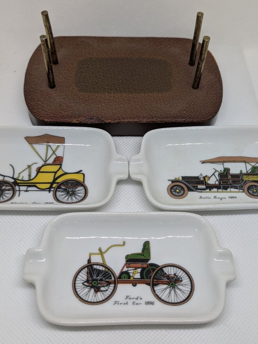 TLC Vintage Mid Century Porcelain Antique Car Ashtray Set 3 Trays Wood Stand